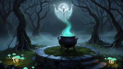 Poster - Spooky night forest landscape with glowing poison in witch cauldron on stone round platform, flying ghost with luminous eyes, tree trunks and vines.
