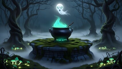 Poster - Spooky night forest landscape with glowing poison in witch cauldron on stone round platform, flying ghost with luminous eyes, tree trunks and vines.
