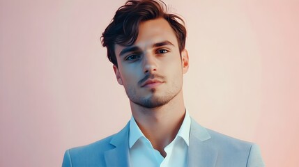 portrait of stylish man isolated on pastel background  pastel backgound. A serious, attractive, and motivated model man,  is isolated against a soft over white pastel color background.