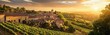 Golden sunset over the fortified town of Saint-Émilion with vineyards and medieval architecture basking in the glow of evening light