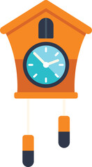 Poster - orange cuckoo clock with pendulum swinging, telling the time on a white background
