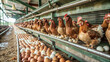 © Katewaree - A row of healthy brown hens laying eggs in a poultry farm, showcasing a vibrant scene of farm life and egg production.