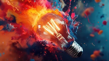 Poster - Conceptual image with lightbulb and colorful paint splashes - Generated AI