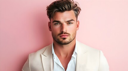 portrait of stylish man isolated on pastel background  pastel backgound. A serious, attractive, and motivated model man,  is isolated against a soft over white pastel color background.