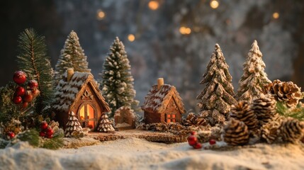 Poster - Christmas and New Year holidays background. Festive decoration with Christmas tree and gingerbread house on snow. - Generated AI