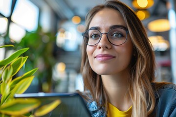 Wall Mural - Portrait of a young businesswoman engaged in brainstorming and researching ideas on a digital tablet while working in an office, showcasing a happy advertising professional exploring online