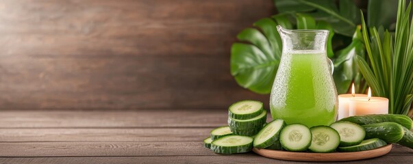 A refreshing cucumber drink is presented in a glass pitcher, surrounded by fresh cucumber slices and green foliage, evoking a natural, healthy vibe.