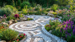 © EmmaStock - Holistic therapy garden with labyrinth paths of white stones, vibrant flowers and plants exuding a calming aroma, patients walking barefoot for grounding