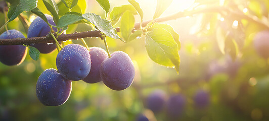 Wall Mural - vibrant shot of cluster of blue purple plums hanging on branch, glistening with dew in warm sunlight, creating serene and refreshing atmosphere