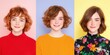 © Kamonwan - A vibrant triplet of portraits showcasing a young woman with curly hair, featuring colorful outfits against pastel backgrounds.