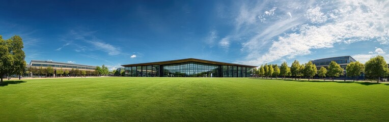 panoramic view of a modern building set against a vibrant blue sky and lush green lawn in a park-lik