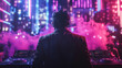 © Immersive Dimension - Male DJ Surrounded By Neon Lights And Pink Fog During EDM Performance. Neon EDM DJ Concert