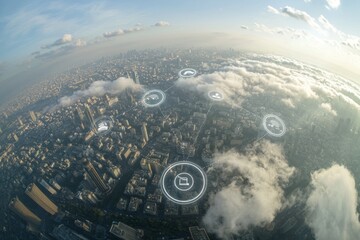 Fototapete - A smart city concept with wireless communication in a business district. Concept of IOT modern technology in an office building.
