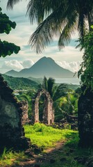 Wall Mural - Exploring the historic ruins of Saint-Pierre with Mont Pelée as a stunning backdrop amidst lush vegetation in Martinique