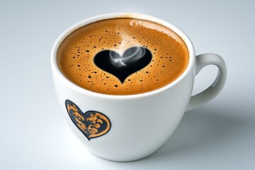 Poster - 2D illustration of a steaming cup of coffee with heart-shaped steam, set on a plain white background