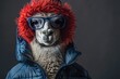 © LukaszDesign - Llama wearing a jacket and sunglasses against a dark backdrop. Innovative advertising idea