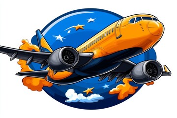 Poster - A 2D illustration of a passenger airplane with simple colors and clean lines, on a plain white background