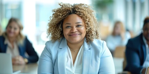 Wall Mural - Professional woman in a leadership role, smiling during a corporate meeting or training session, focused on teamwork and strategic planning in a diverse environment