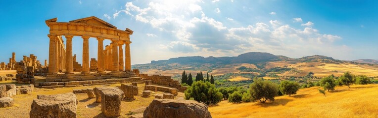 Ancient Greek temple ruins in a sunlit landscape under a blue sky in the Valley of the Temples, Sicily