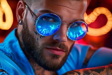 Aufkleber - A close-up cyberpunk portrait with neon tattoos and holographic glasses, set against a dark, gritty background