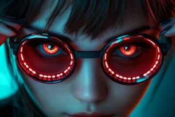 Aufkleber - A close-up cyberpunk portrait with neon tattoos and holographic glasses, set against a dark, gritty background