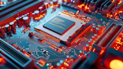 Poster - AI Circuit Board Innovation, 3D depiction of advanced electronic hardware, featuring a motherboard with intricate digital chips, set against a futuristic cyberpunk backdrop.
