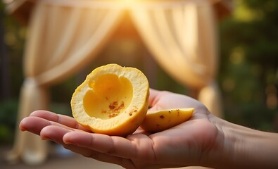 A hand holding a cut yellow fruit on a light background