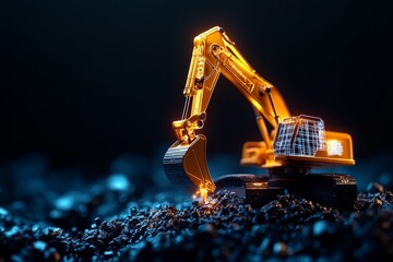 Aufkleber - A high-tech construction scene with glowing, holographic building blueprints displayed above the site