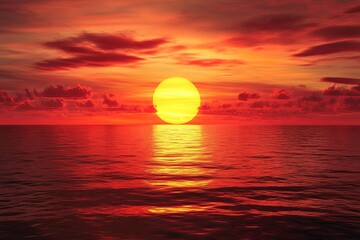 Poster - Golden sunset over calm ocean waters creates a serene atmosphere during twilight hours in a tropical paradise. Generative AI