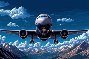 Poster - A pixel art airplane with retro 8-bit styling, flying through a pixelated sky with clouds and mountains below