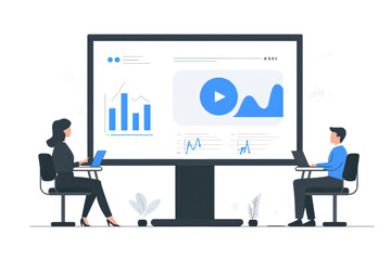 Fototapete - Two individuals engage in a collaborative meeting in front of a large screen displaying analytics and multimedia content.