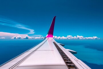 Poster - A simple illustration of an airplane wing with a single line for the horizon, symbolizing travel and simplicity