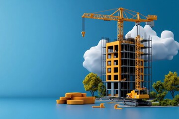 Aufkleber - A simple illustration of a building under construction with cranes and scaffolding, in a flat design style