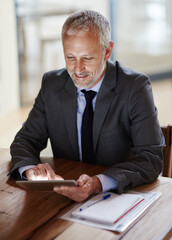 Aufkleber - Corporate lawyer, business and tablet for communication, networking and client feedback in office. Mature man, advocate and technology in law firm for conversation, legal research and review proposal