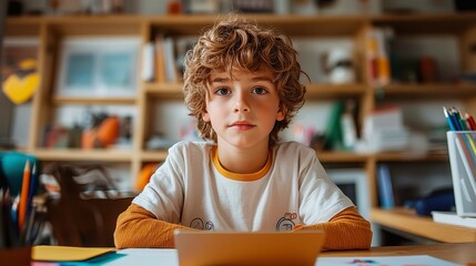 Poster - Young student boy engaged with e-learning icons, vibrant atmosphere, educational technology, digital learning environment, enthusiasm for knowledge, interactive study space