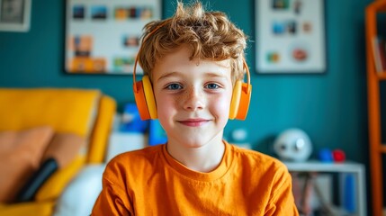 Poster - Young student boy engaging with e-learning icons, surrounded by a bright environment, showcasing the excitement of digital education and modern learning tools.