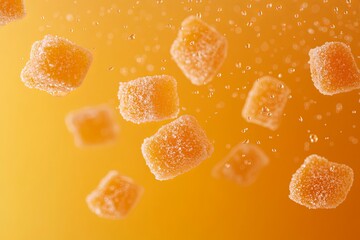 Poster - Floating orange gummy candies in sparkling bubbles against a bright orange background during daylight. Generative AI