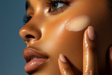 Poster - Detailed close-up of a womanâ€™s hand applying moisturizer to her face, showing soft, glowing skin