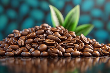 Poster - Digital 3D coffee beans scattered on a glossy surface, with dynamic lighting for depth and texture