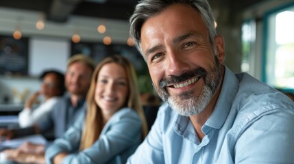 Wall Mural - Joyful professional in a team workshop focused on career growth, employee training or seminar at the office. Smiling individual in a group meeting or onboarding session