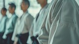 Men practicing aikido in a training environment, focusing on combat skills, self-defense, and discipline within a martial arts class or dojo