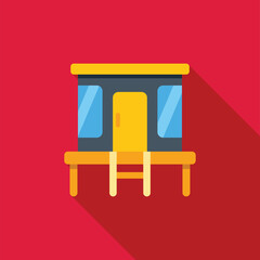 Poster - Flat design icon of a small guardhouse, emphasizing security and surveillance with its prominent yellow door and accessible ladder