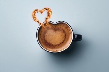 Poster - 2D illustration of a steaming cup of coffee with heart-shaped steam, set on a plain white background