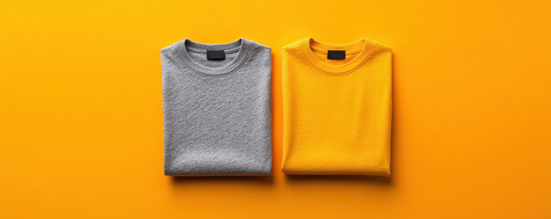 Two folded sweaters, one gray and one yellow, placed on a vibrant orange background, showcasing a stylish color contrast.