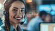 © LukaszDesign - Customer support agent with headset and computer, smiling while assisting clients in telemarketing or inbound marketing, focused on trust and support in an office setting