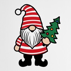 Canvas Print - Gnome with Striped Hat Holding Mini Christmas Tree