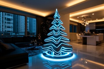 Aufkleber - A futuristic Christmas tree made of glowing holographic lights, set in a sleek, high-tech living room