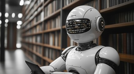 Poster - AI tutor engages students in a modern library with advanced digital technology present