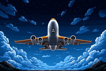 Poster - A pixel art airplane with retro 8-bit styling, flying through a pixelated sky with clouds and mountains below