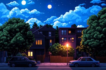 Poster - A pixel art cityscape with tiny, colorful buildings and animated lights, creating a nostalgic, retro game atmosphere